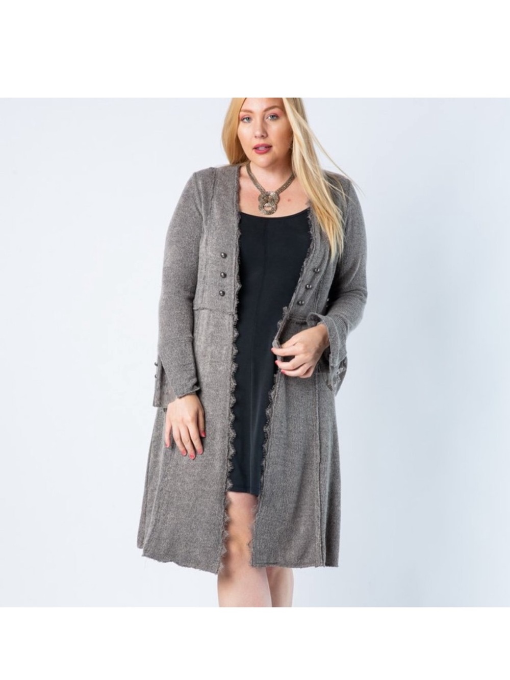 Vocal Long Scalloped Open-Front Cardigan - Gray
